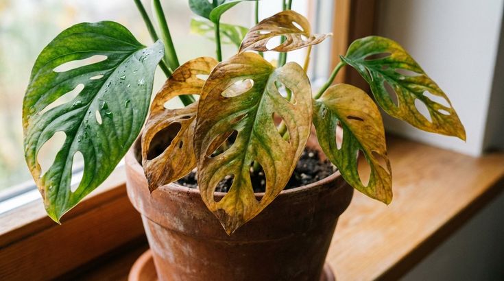 Monstera com folhas amarelando e morrendo