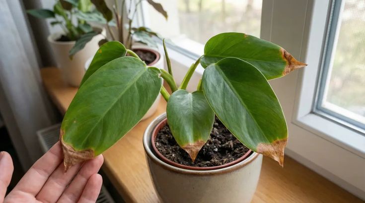 Planta com pontas das folhas queimadas e ressecadas